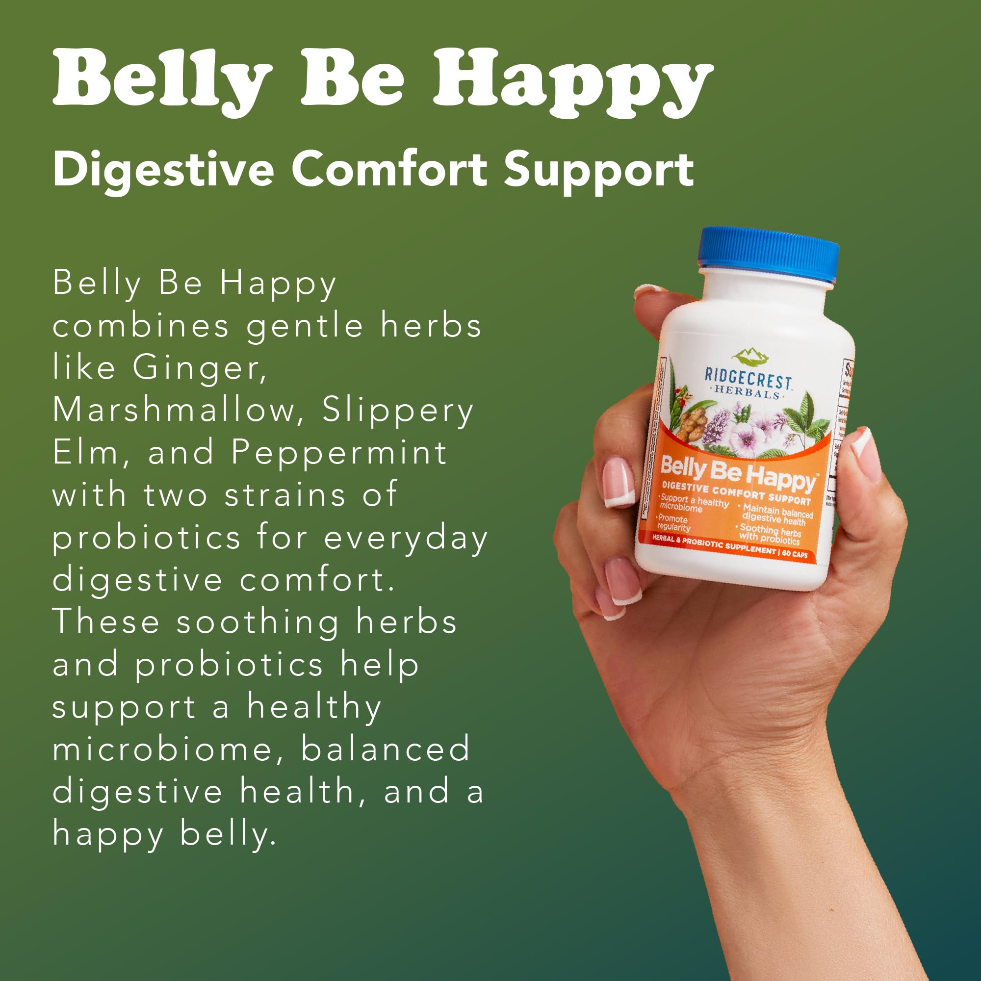 RidgeCrest Belly Be Happy probiotic cultures DE111 and Coagulans for gut health.