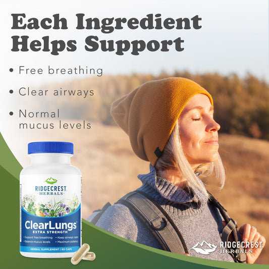 RidgeCrest ClearLungs bottle label close-up highlighting natural ingredients for respiratory wellness.