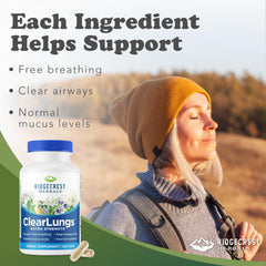 RidgeCrest ClearLungs capsules close-up showing plant-based formula for respiratory wellness.