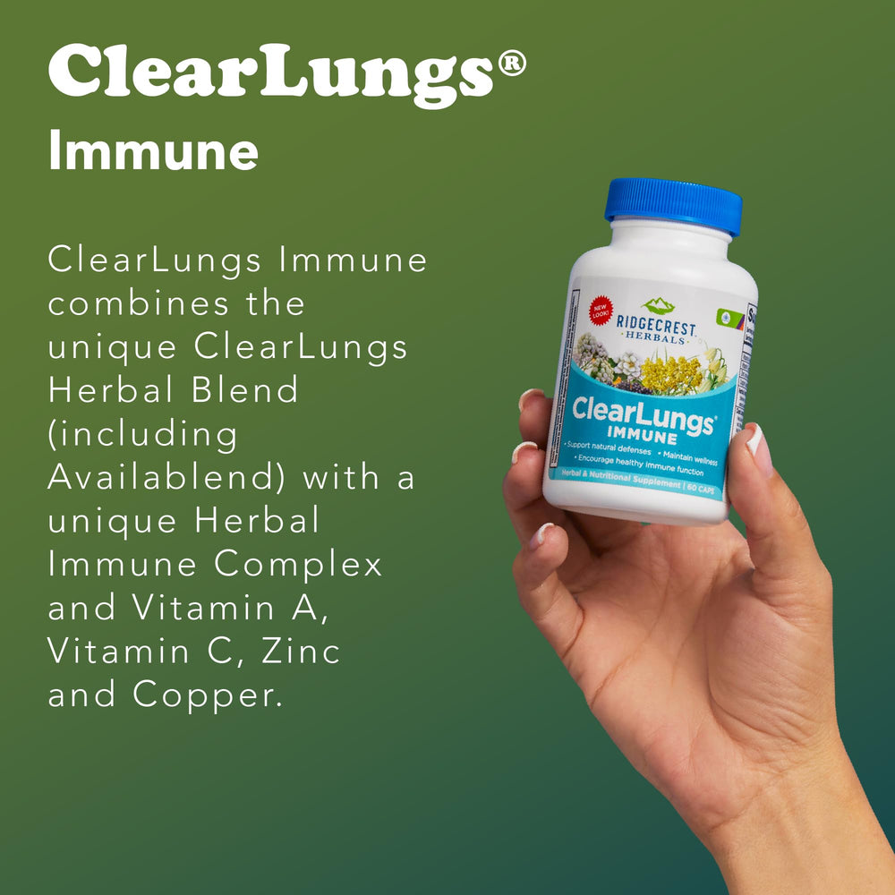 RidgeCrest ClearLungs Immune mullein leaf and other herbs displayed together