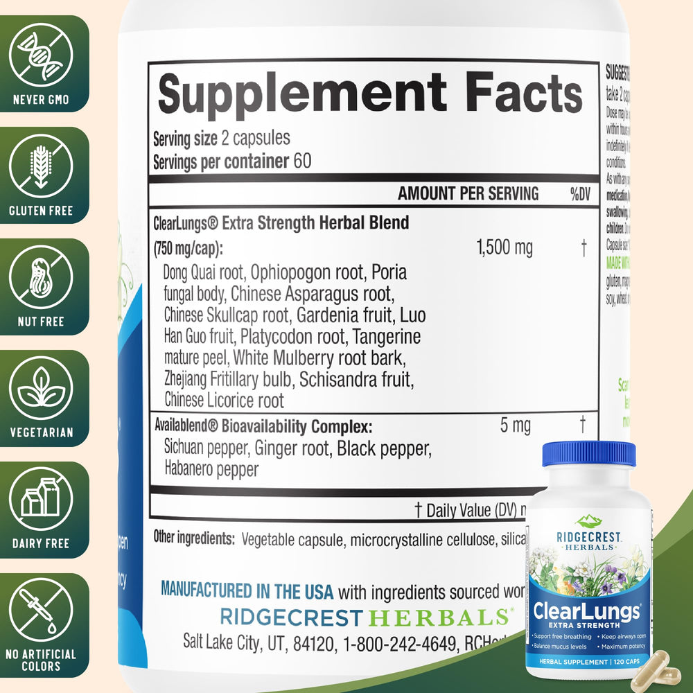 RidgeCrest ClearLungs ingredients label highlighting Gardenia Fruit and Platycodon.