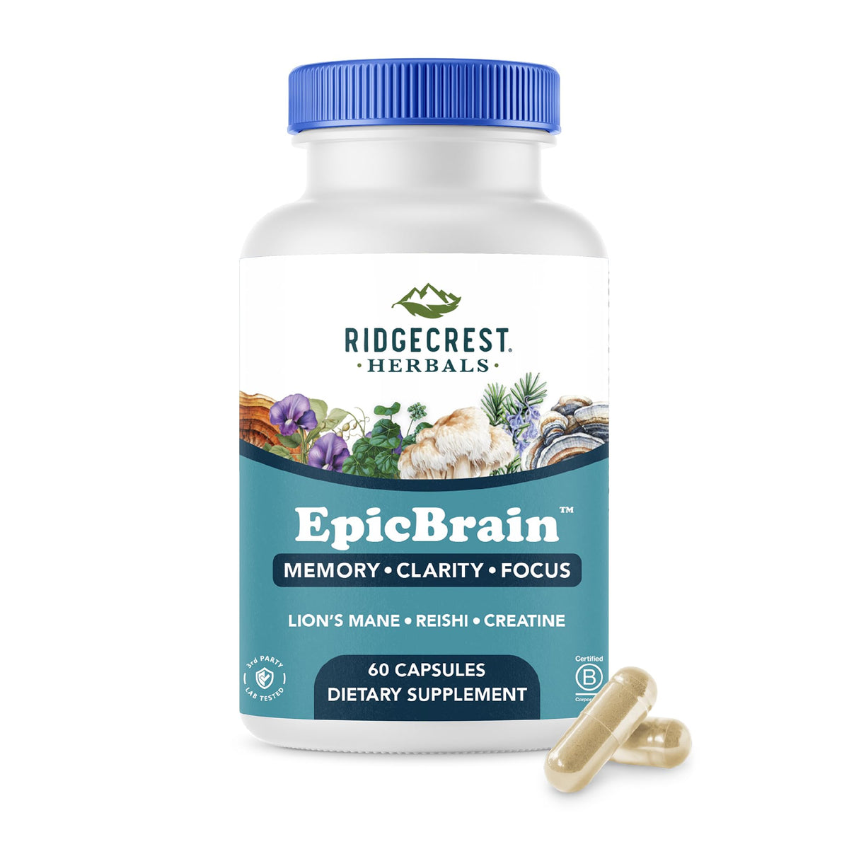 RidgeCrest EpicBrain bottle showing creatine capsules for mental energy and focus