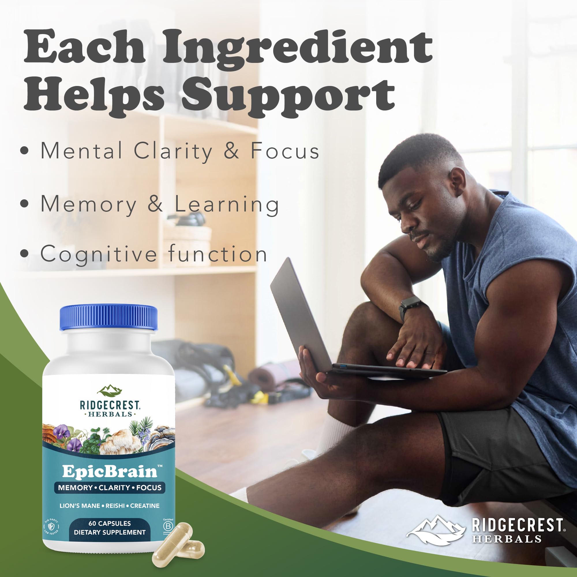 EpicBrain bottle featuring lion's mane extract for memory support and clarity