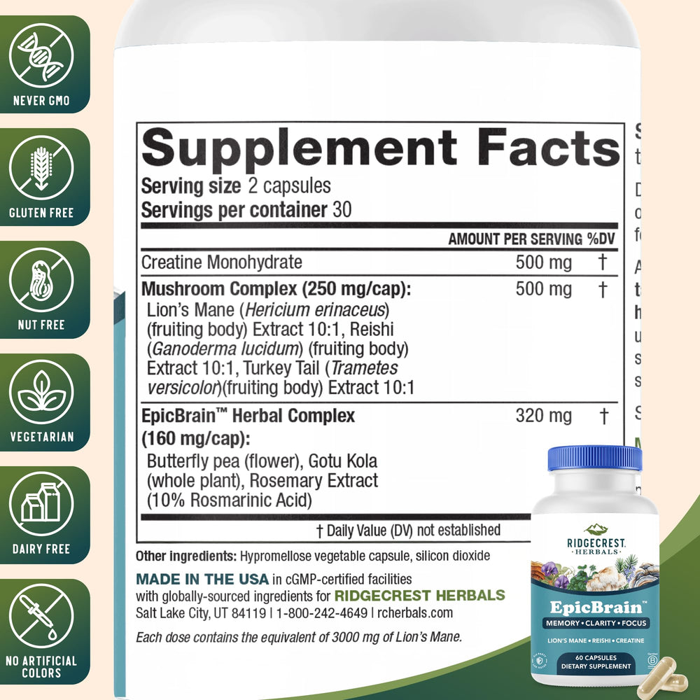 EpicBrain bottle with reishi mushrooms for calm focus and overall brain health
