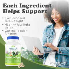 RidgeCrest EssentialEyes label-closeup, highlighting lutein and zeaxanthin for vision support