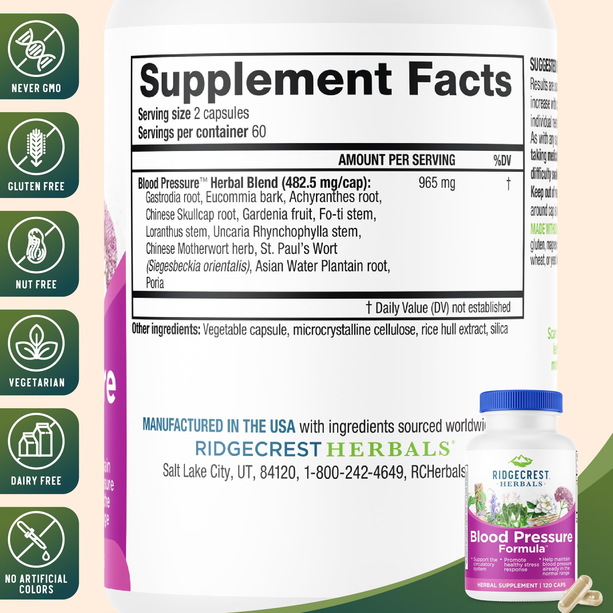 RidgeCrest Blood Pressure Formula capsules captured for easy daily intake.
