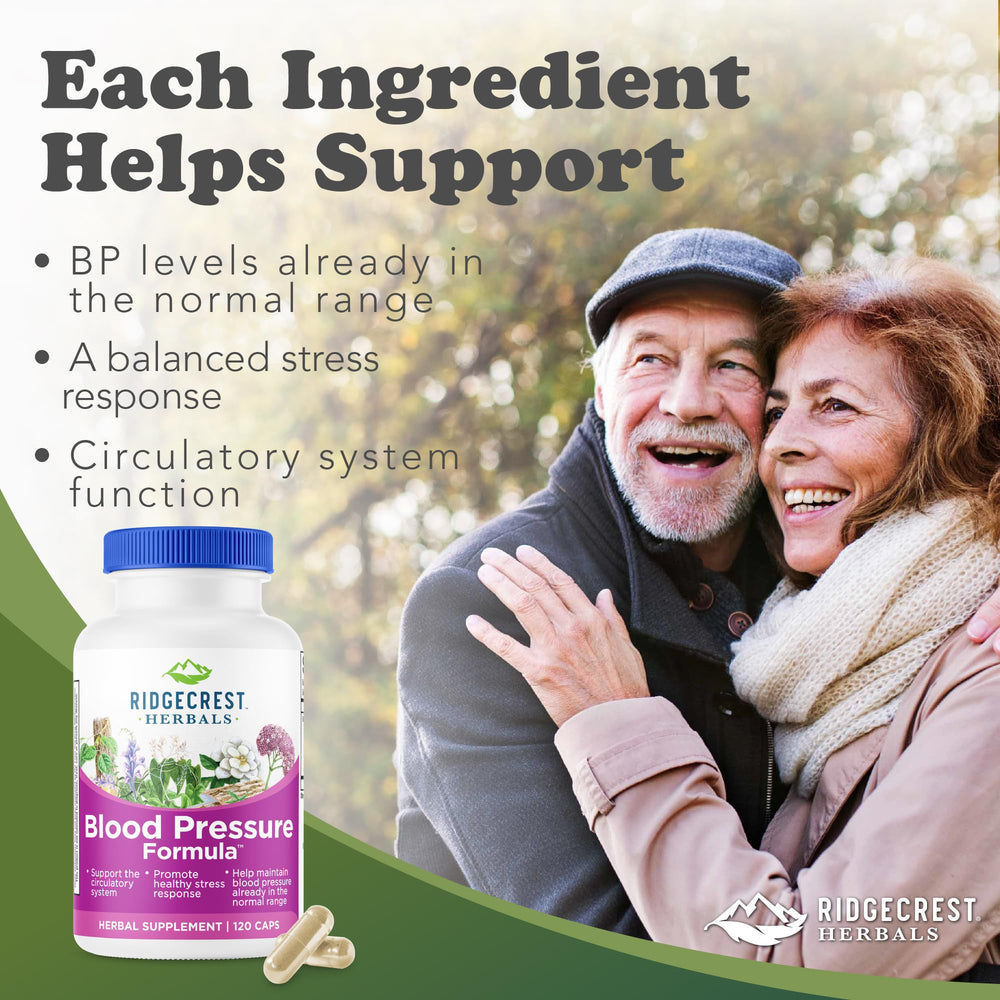 RidgeCrest Blood Pressure Formula ingredient panel shows a natural blend for circulatory function.