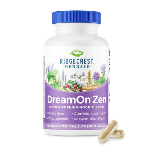 RidgeCrest DreamOn Zen bottle close-up highlights melatonin-free sleep support