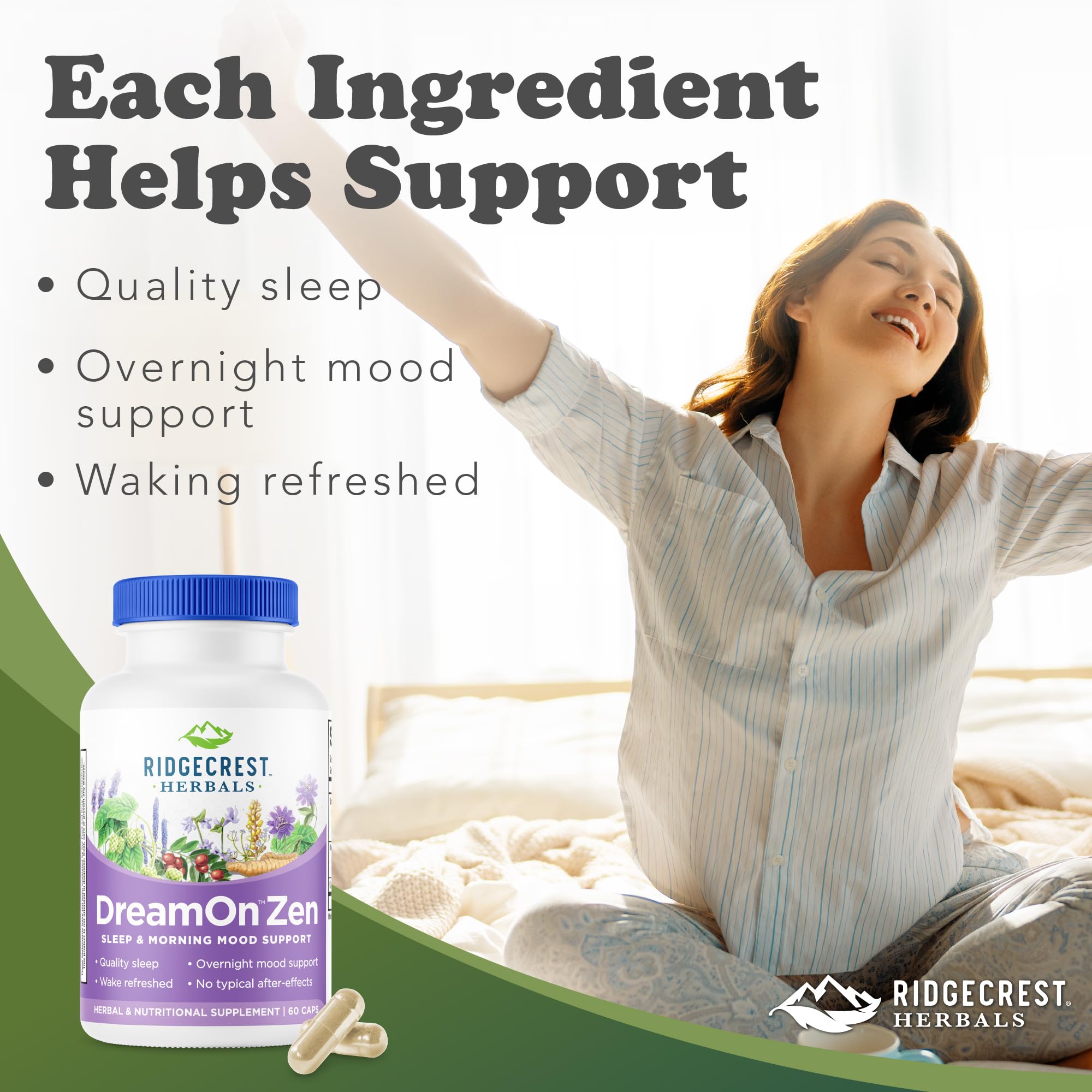 RidgeCrest DreamOn Zen cap close-up emphasizes non-habit forming herbal formula