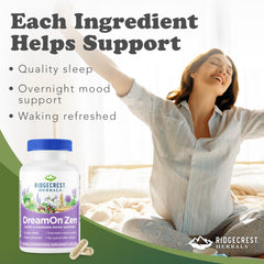 RidgeCrest DreamOn Zen cap close-up emphasizes non-habit forming herbal formula