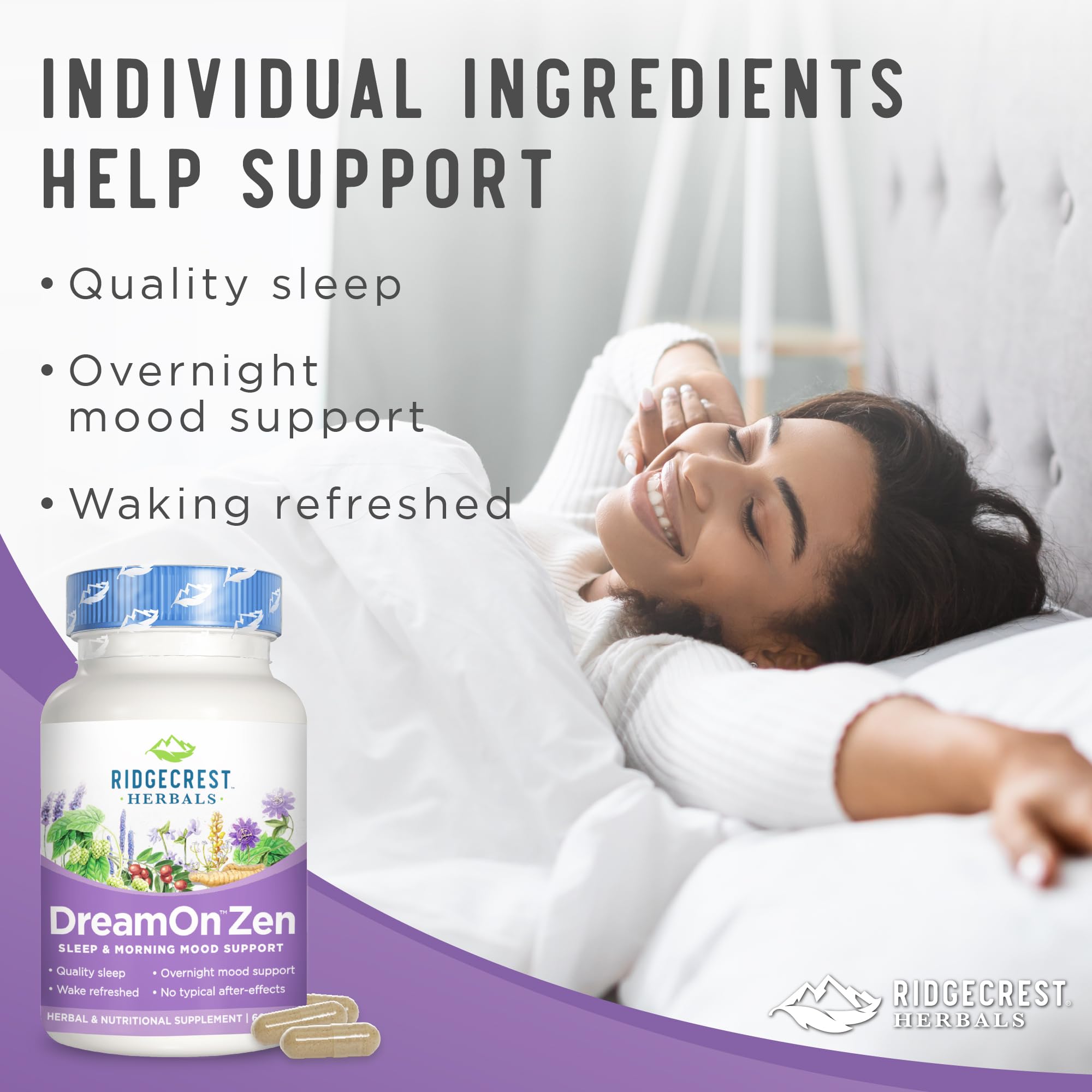 RidgeCrest DreamOn Zen sleep scene depicts a peaceful bedtime routine