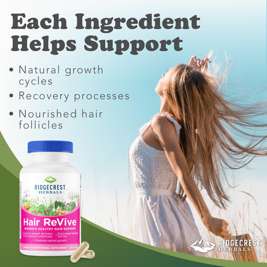 RidgeCrest Hair ReVive capsules on a clean surface for hair, skin and nails support