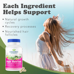 RidgeCrest Hair ReVive capsules on a clean surface for hair, skin and nails support