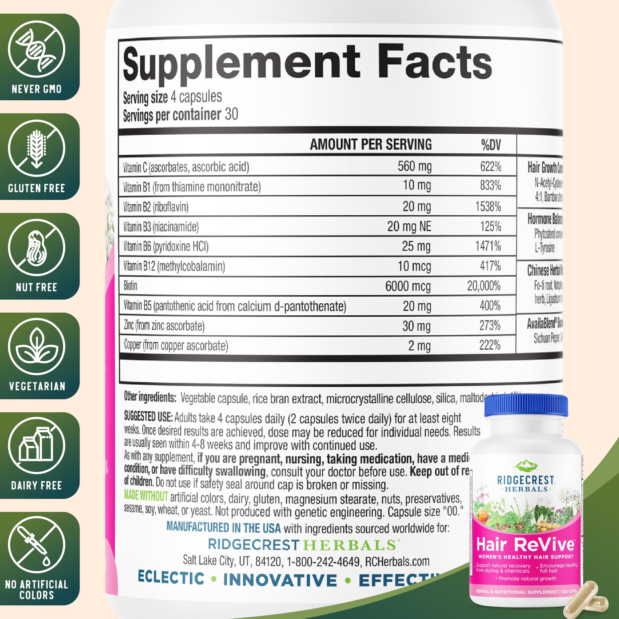 RidgeCrest Hair ReVive label showing ingredients for overall vitality