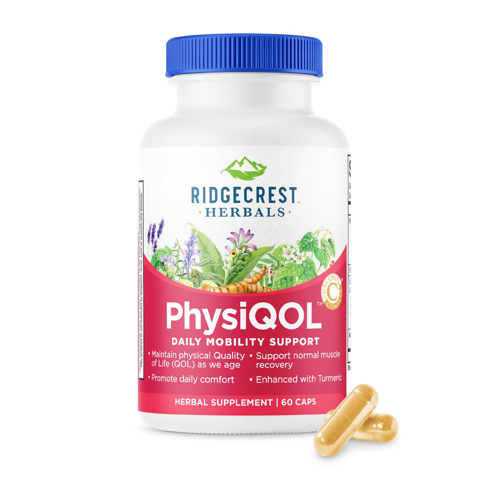 RidgeCrest PhysiQOL bottle front, highlighting a natural wellness blend for daily activity support.