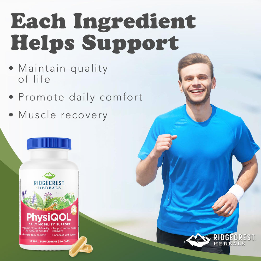 RidgeCrest PhysiQOL capsules closeup emphasizes plant-based ingredients for everyday comfort.
