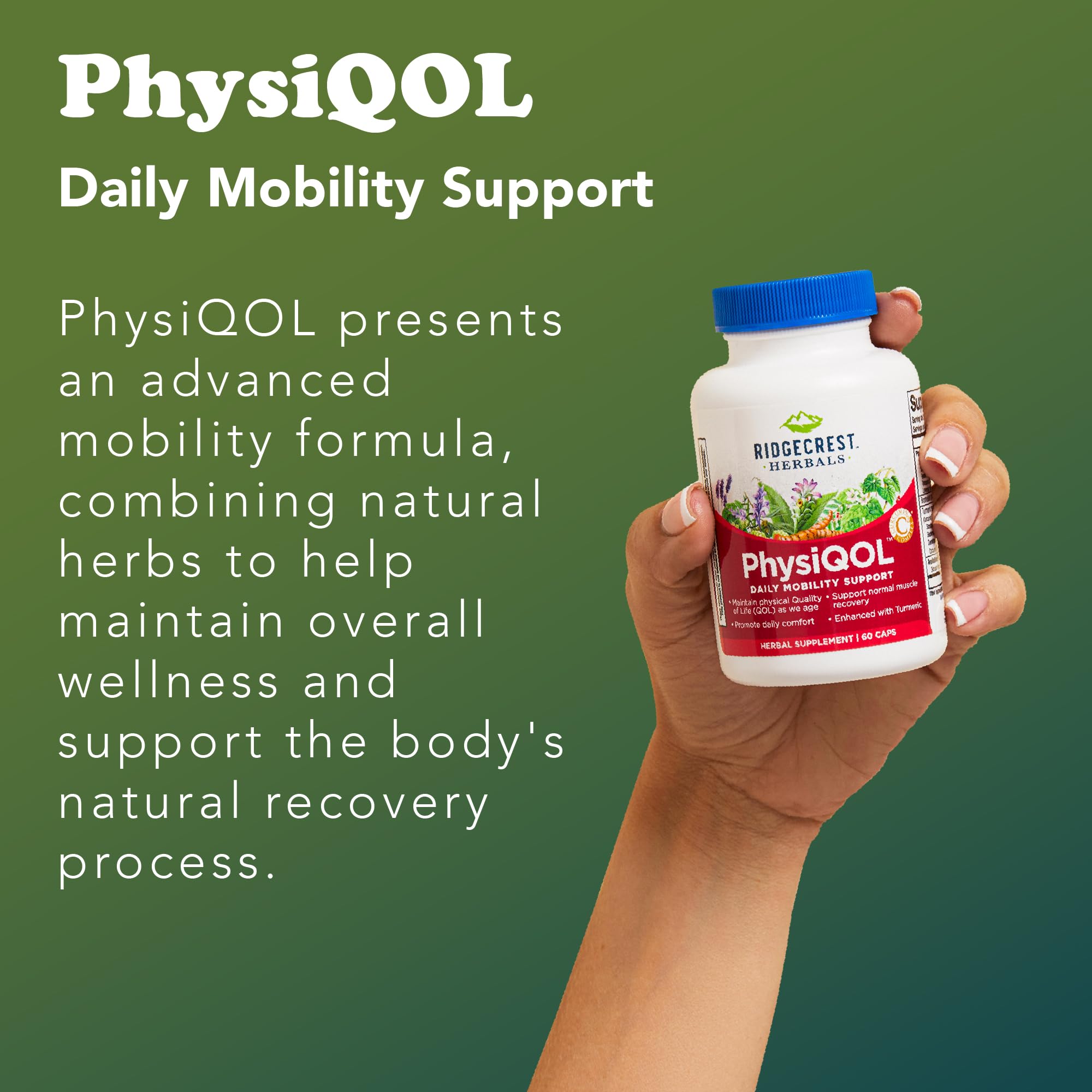 RidgeCrest PhysiQOL packaging image shows box and bottles for on-the-go routines.