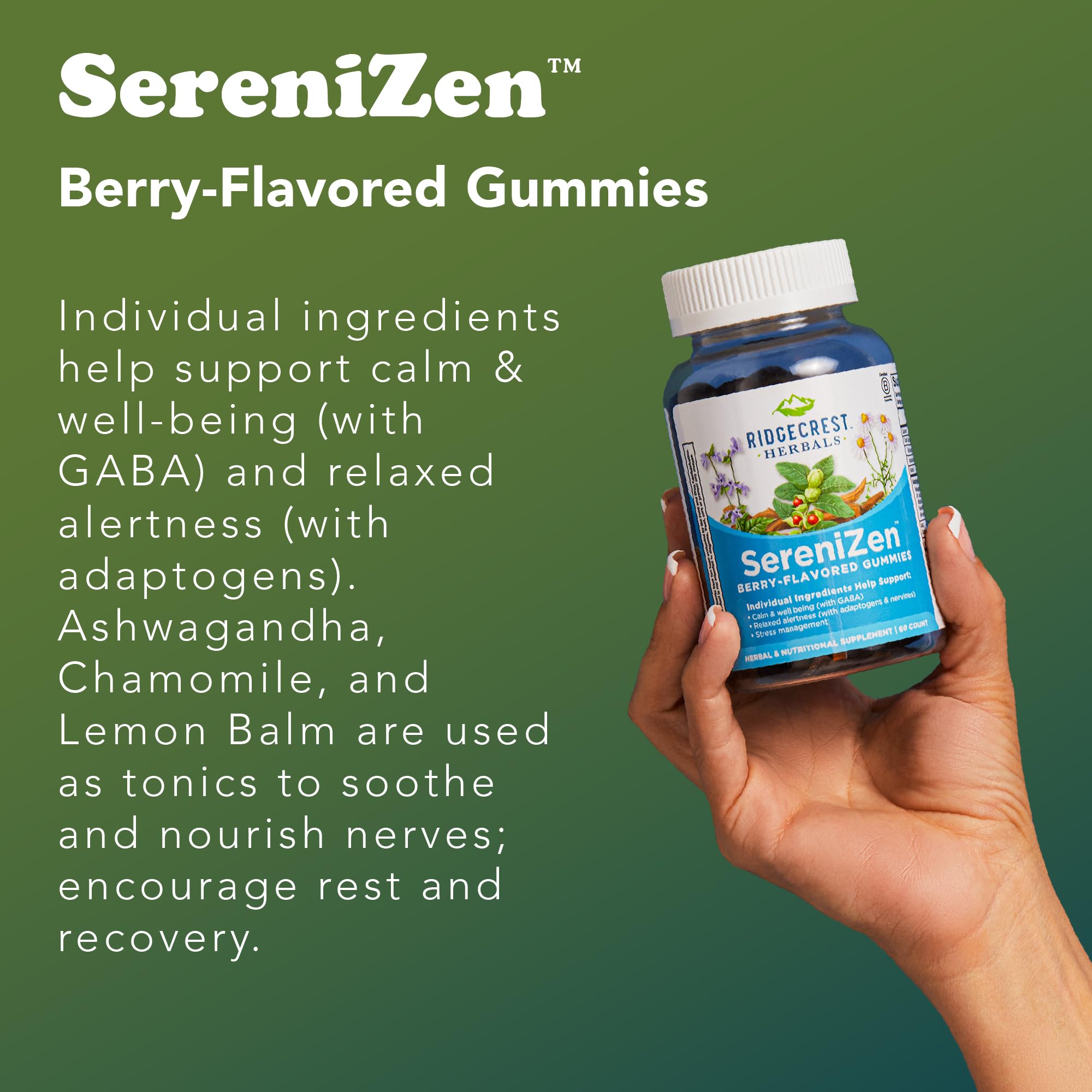 RidgeCrest SereniZen gummies with Ashwagandha shown for nervous system balance.