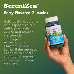RidgeCrest SereniZen gummies with Ashwagandha shown for nervous system balance.