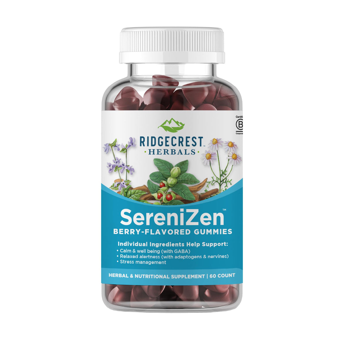 RidgeCrest SereniZen gummies bottle shown for daily calm support.