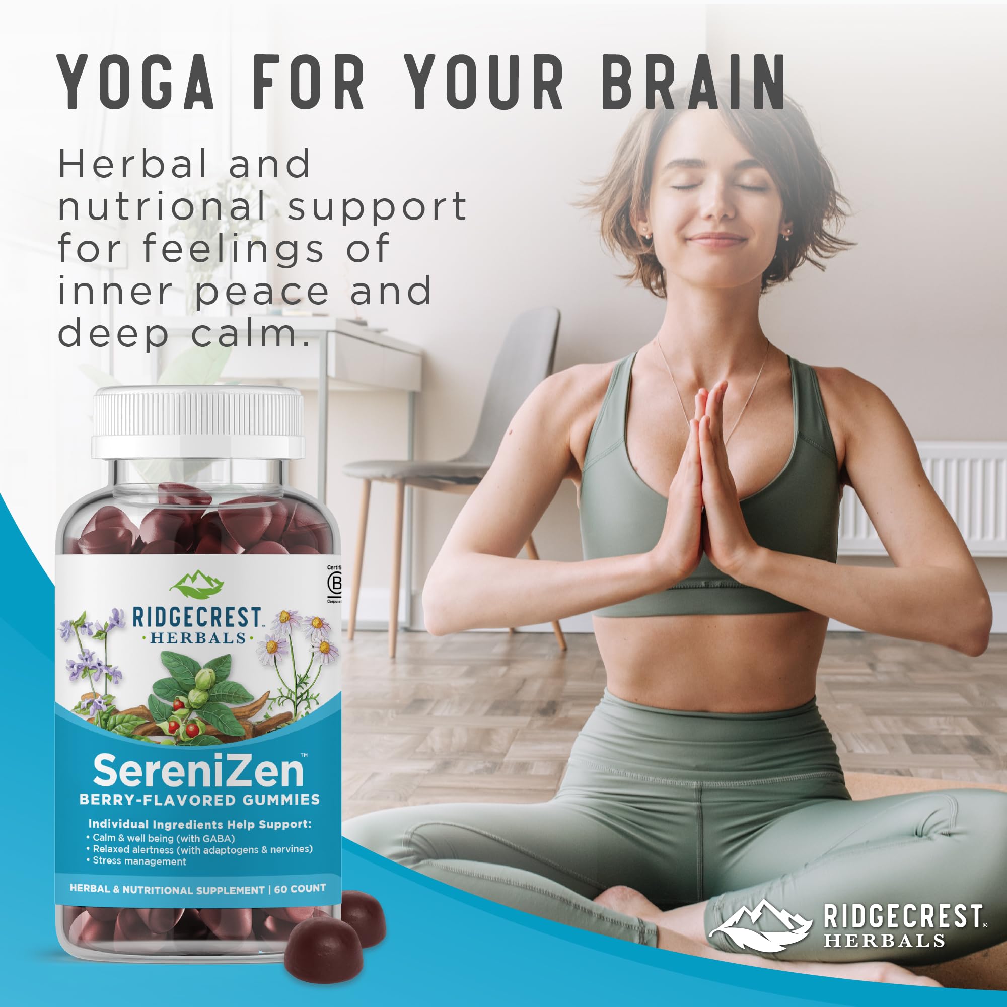 RidgeCrest SereniZen gummies featuring Chamomile and Lemon Balm for nerve toning.