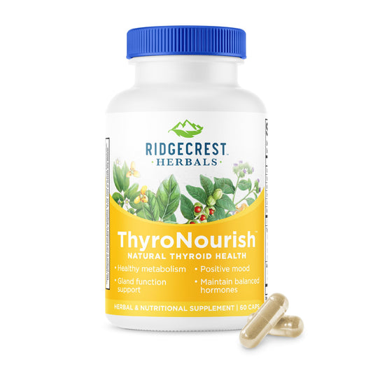 RidgeCrest ThyroNourish bottle front supports steady energy and metabolism.