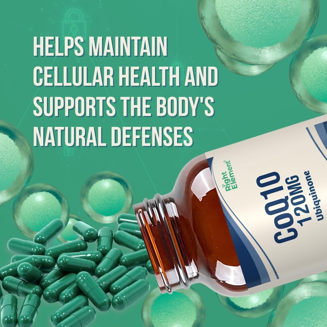 Ingredients panel illustrates ubiquinone-based formula supporting cellular energy.