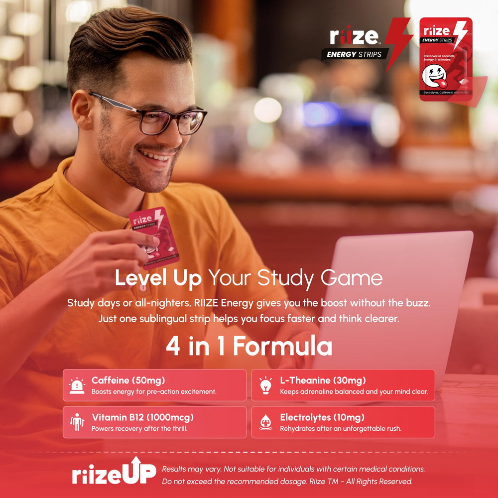 Close-up of Riize ingredients highlighting caffeine and B12 for quick support.