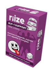 Riize GLP-1 Strips packaging shown for on-the-go appetite support