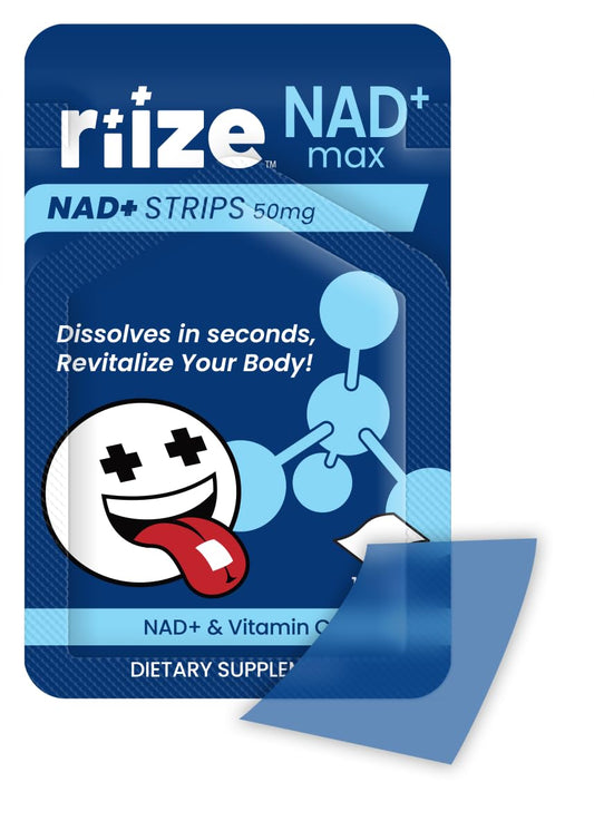 Riize NAD+ Strips packaging shown for travel and pocket convenience