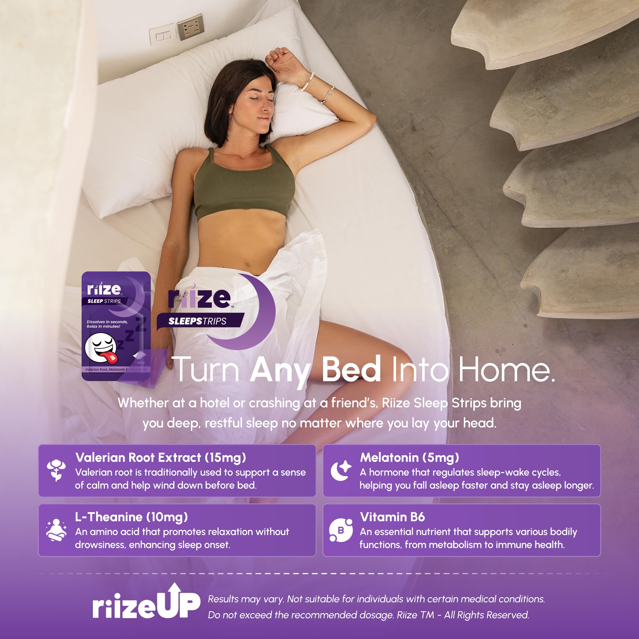 Riize Sleep Strips label highlights 5 mg melatonin for sleep-wake support