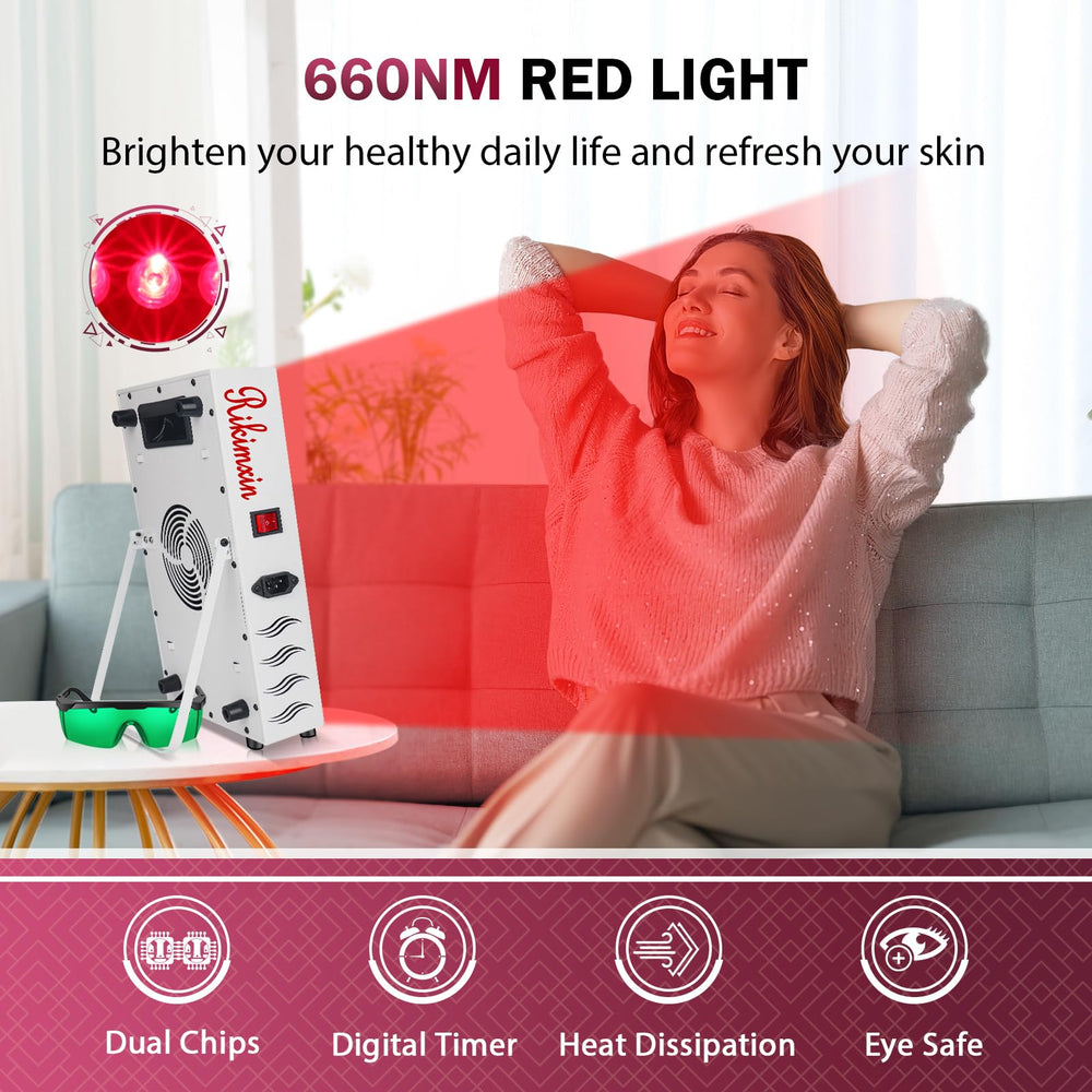 Rikimxin red light therapy panel angle view demonstrating adjustable angle for targeting