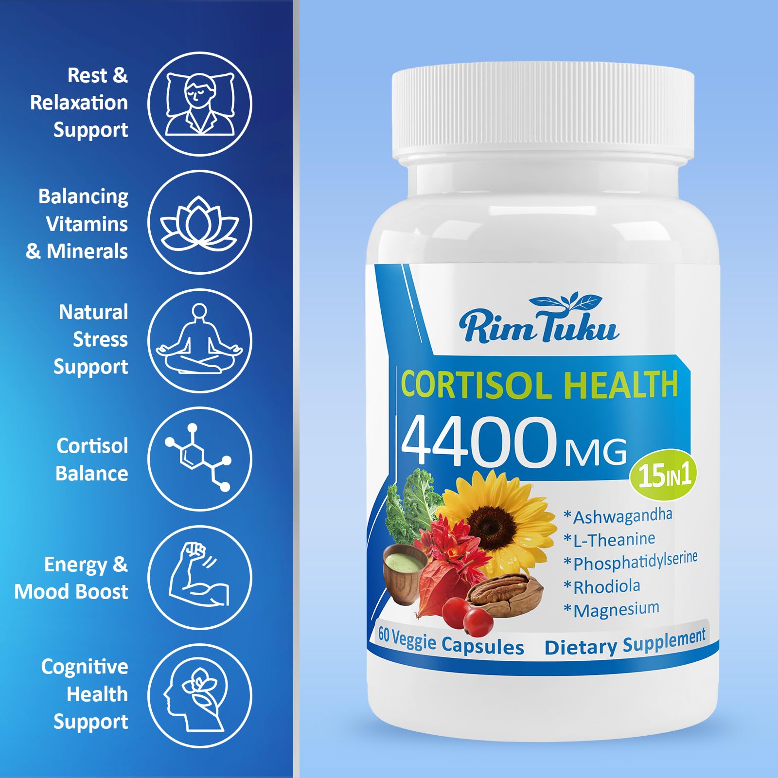 RimTuku cortisol supplement bottle label close-up for quality and ingredients