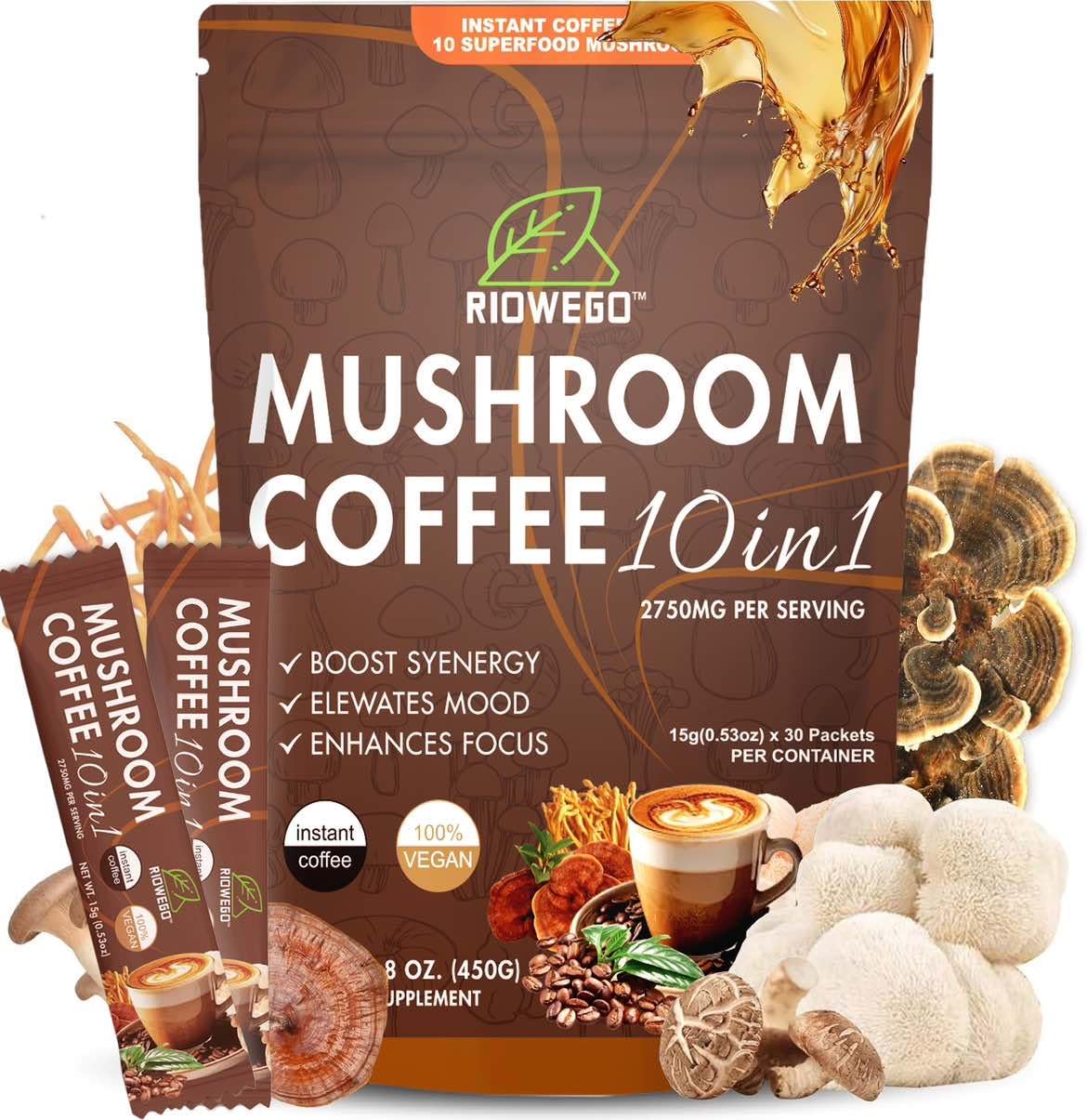 RIOWEGO mushroom coffee packaging showing the 10-in-1 blend for daily use.