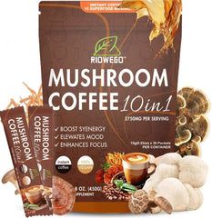 RIOWEGO mushroom coffee packaging showing the 10-in-1 blend for daily use.