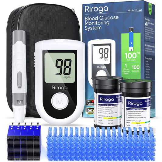 Riroga blood glucose monitor kit on a clean countertop for home testing