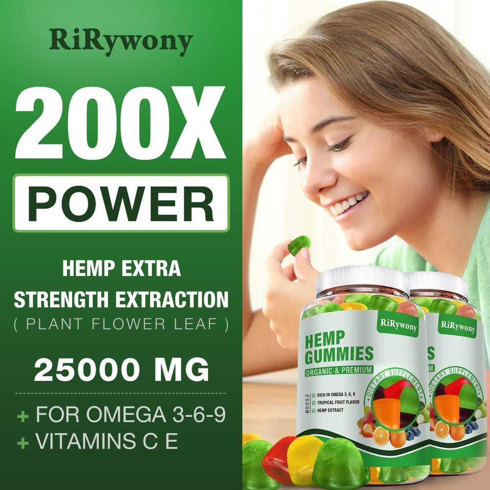 RiRywony Health hemp gummies label close-up showing vegan formula and potency