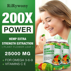 RiRywony Health hemp gummies label close-up showing vegan formula and potency
