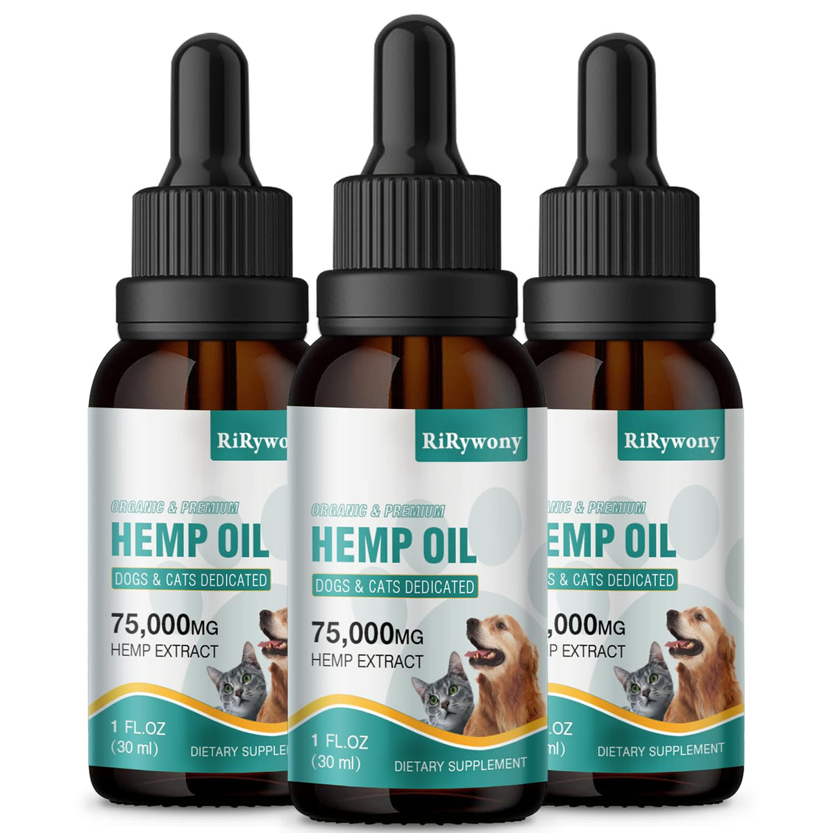 RiRywony Health hemp oil bottle pour cap showing easy dosing for pets