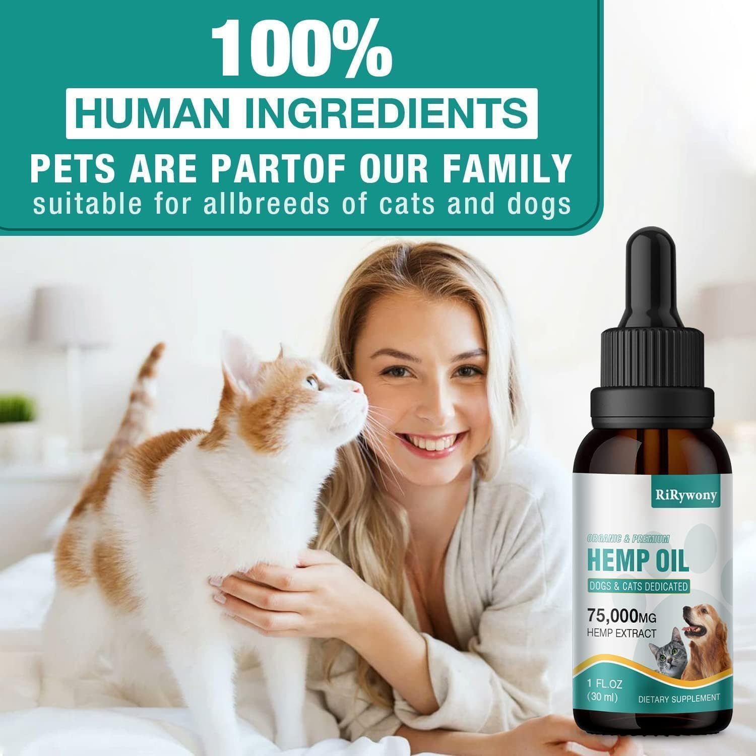 RiRywony Health Omega Oil shown with a dog, illustrating simple everyday dosing.