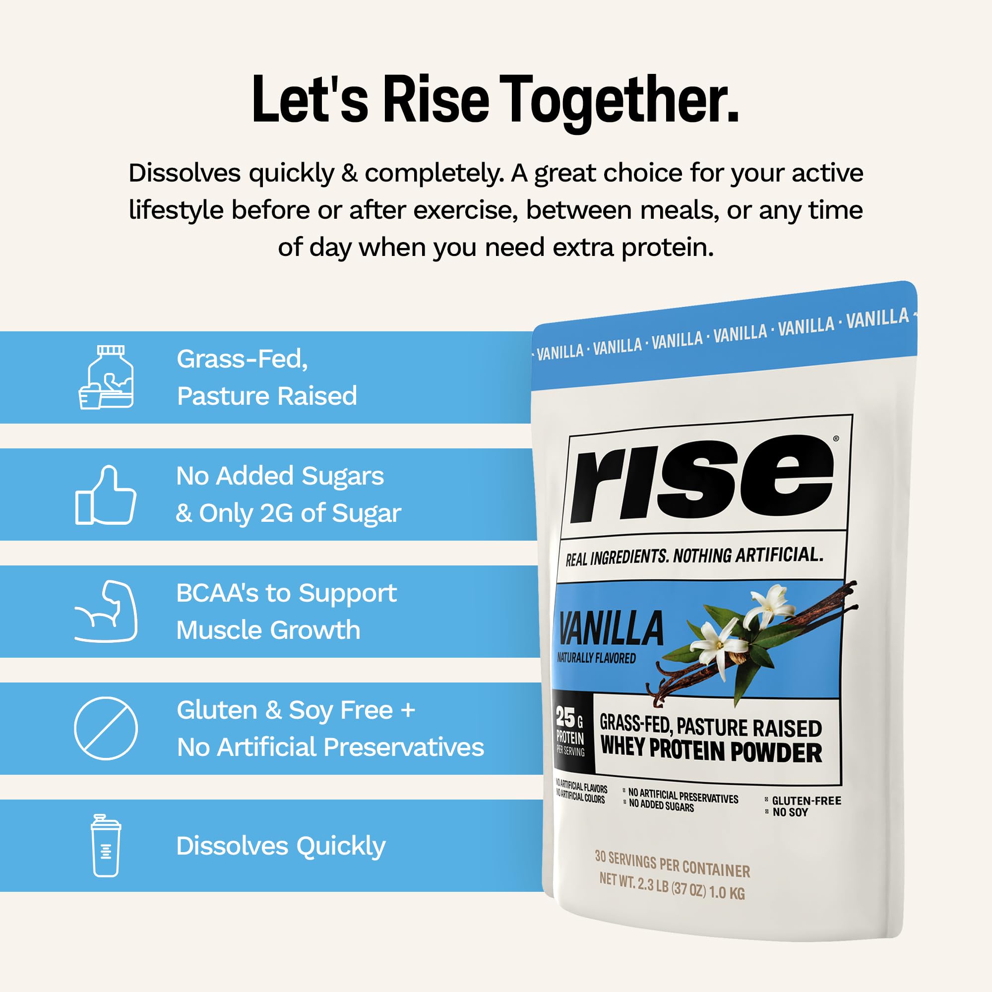 Rise Grass-Fed Whey Vanilla nutrition panel lists 25g protein