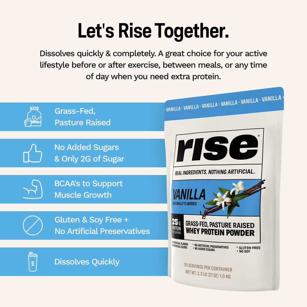 Rise Grass-Fed Whey Vanilla nutrition panel lists 25g protein