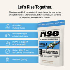 Rise Grass-Fed Whey Vanilla nutrition panel lists 25g protein