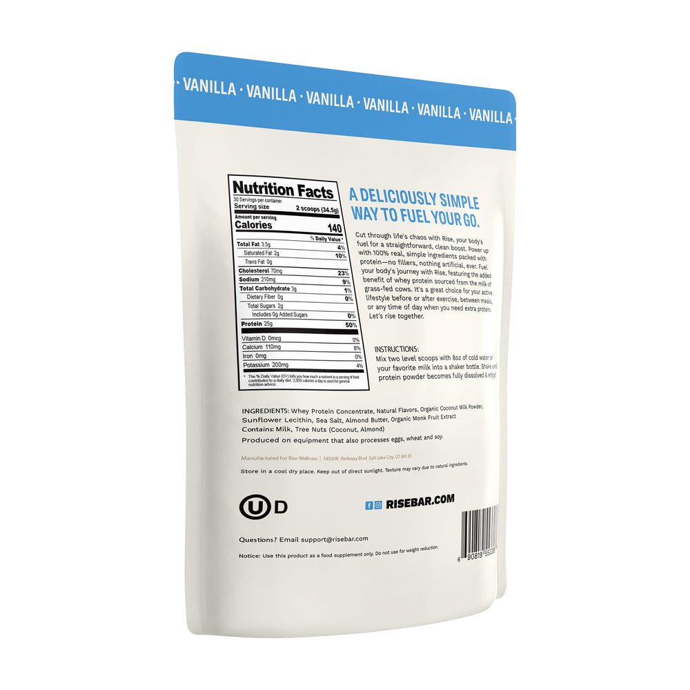 Rise Grass-Fed Whey Vanilla powder texture shows smooth mixability
