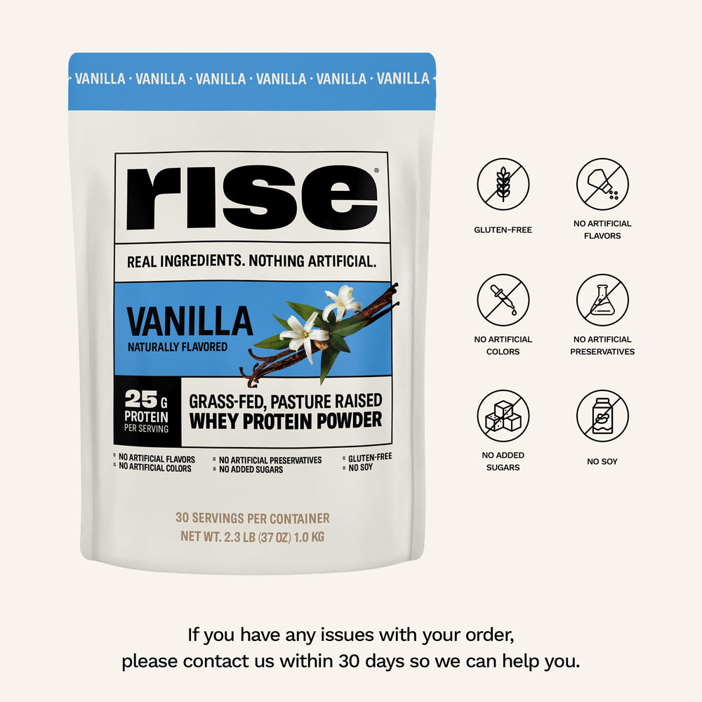 Rise Grass-Fed Whey Vanilla scoop in bowl suggests quick mix