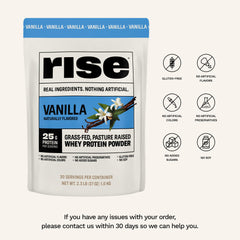 Rise Grass-Fed Whey Vanilla scoop in bowl suggests quick mix