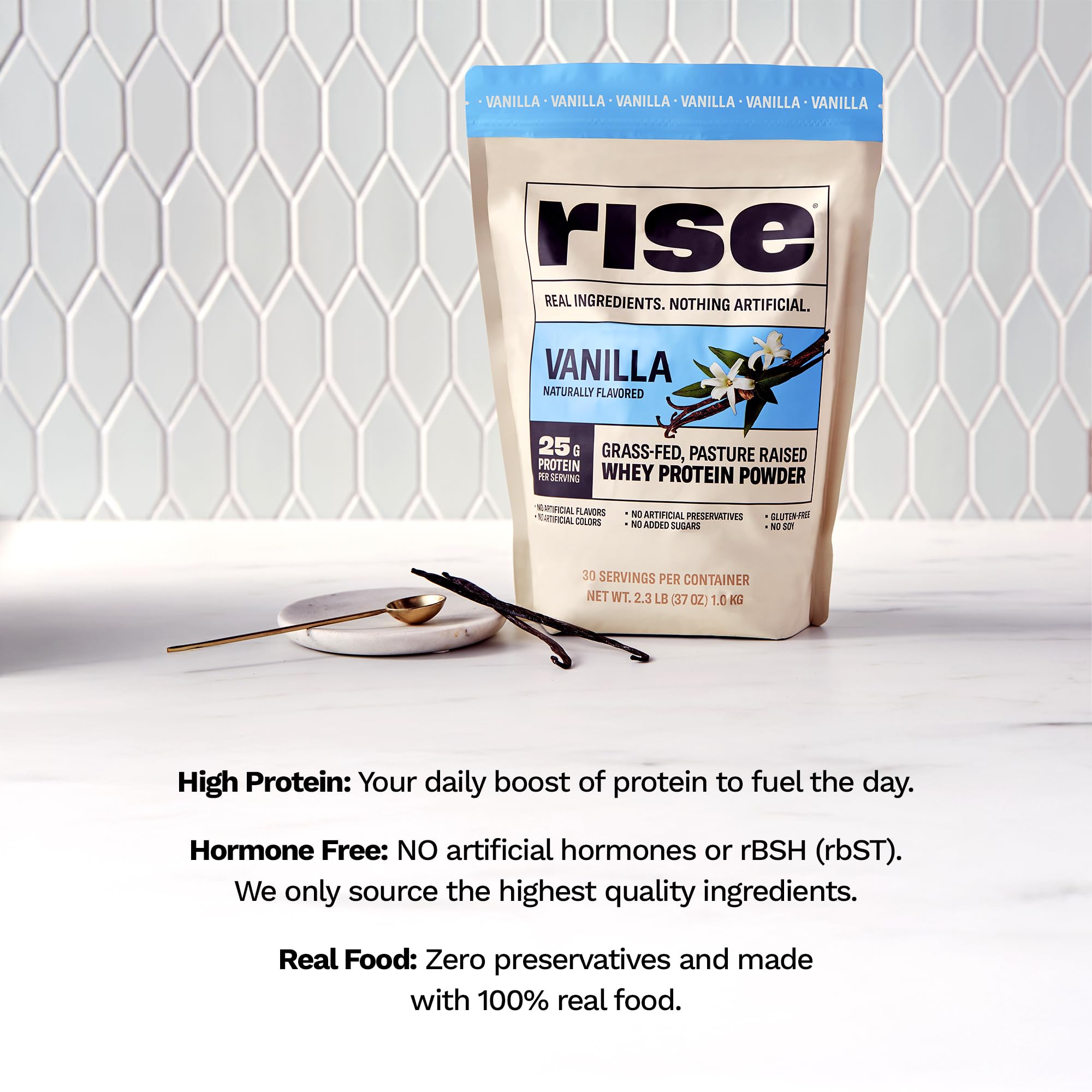 Rise Grass-Fed Whey Vanilla shake being poured for on-the-go use