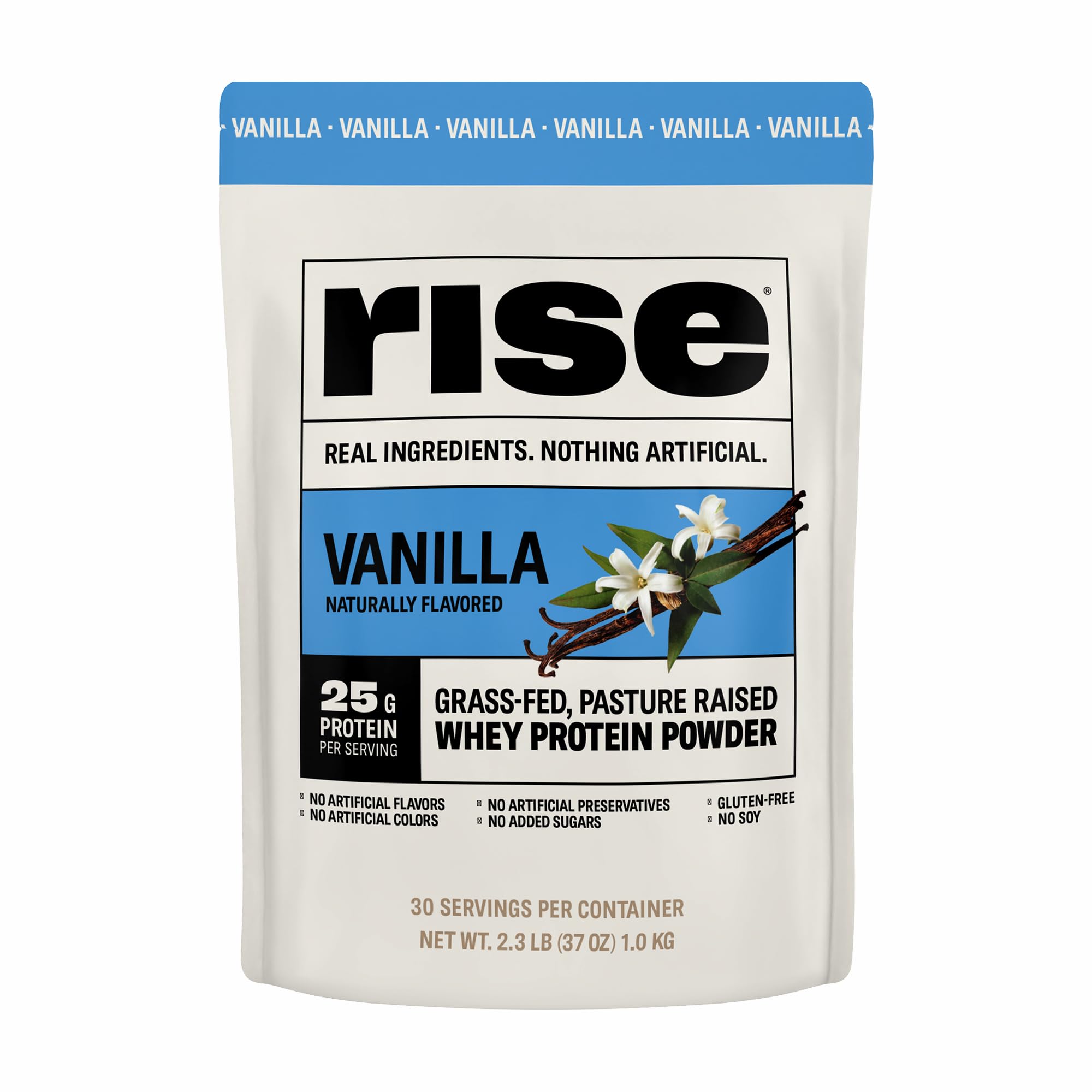 Rise Grass-Fed Whey Vanilla tub front for post-workout fueling