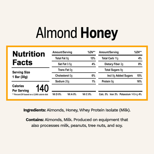 Rise Minis Almond Honey bar ingredients visible as simple, quality whole foods.
