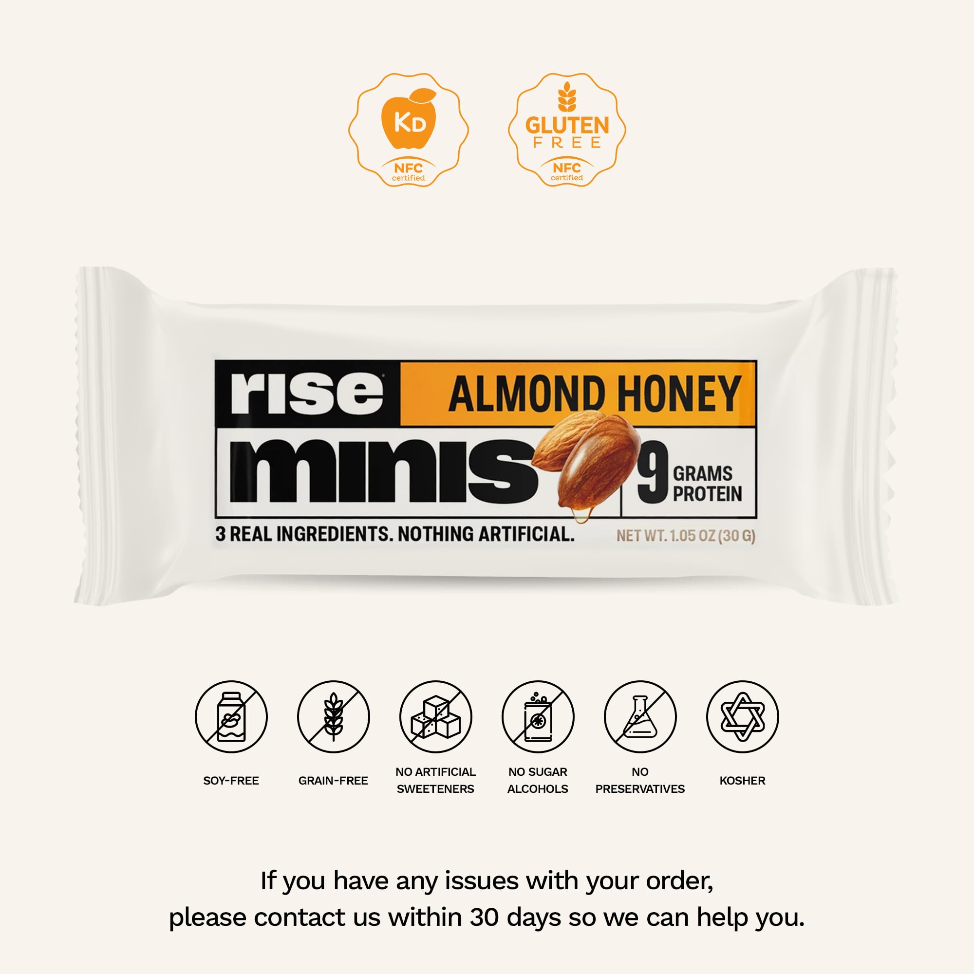 Rise Minis Almond Honey bar closeup highlights natural ingredients and creamy texture.